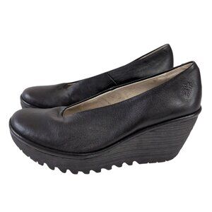 Fly London Yaz Platform Wedge Pump Sz 37 US‎ 6.5 7 Black Leather Edgy Goth Artsy